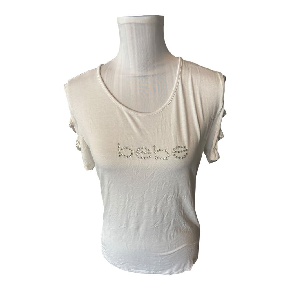 bebe White T-Shirt Rhinstones Cold Shoulder Size L